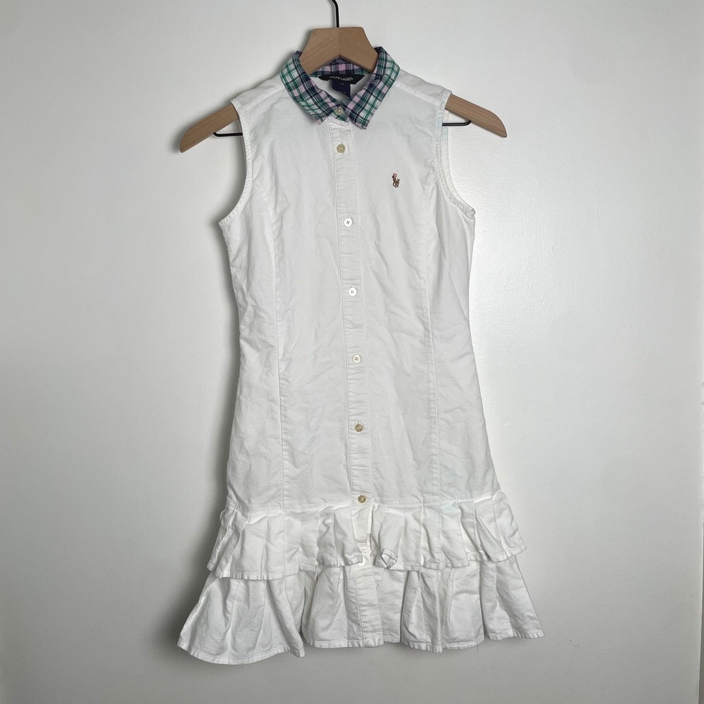 Ralph Lauren Dress Girls 16 White Sleeveless Plaid Collar Ruffle Hem Preppy